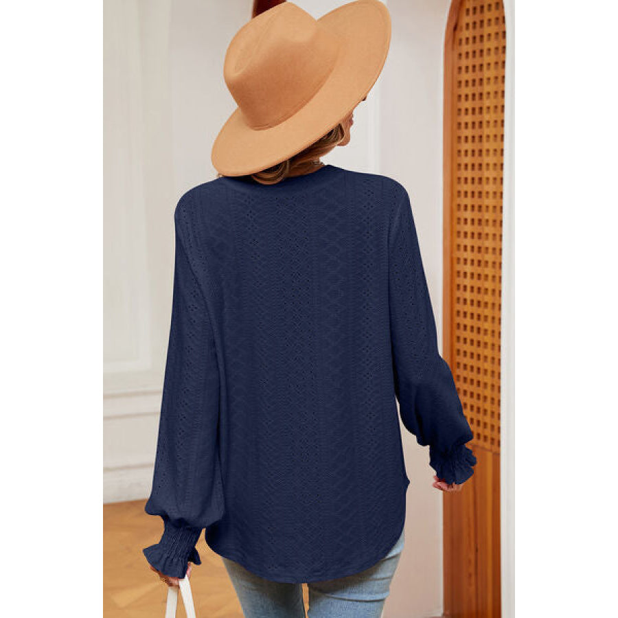 Eyelet Notched Long Sleeve T - Shirt Apparel and Accessories