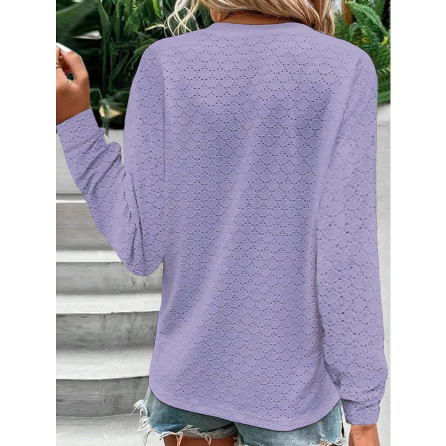 Eyelet Notched Long Sleeve T - Shirt Apparel and Accessories