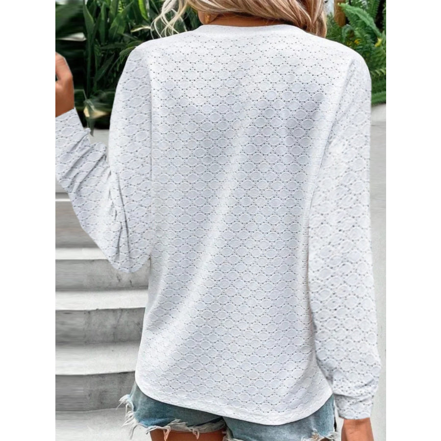 Eyelet Notched Long Sleeve T - Shirt White / S Apparel and Accessories