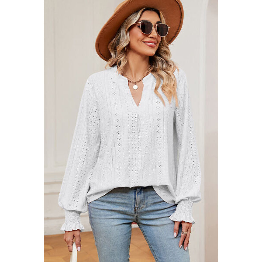 Eyelet Notched Long Sleeve T - Shirt Apparel and Accessories
