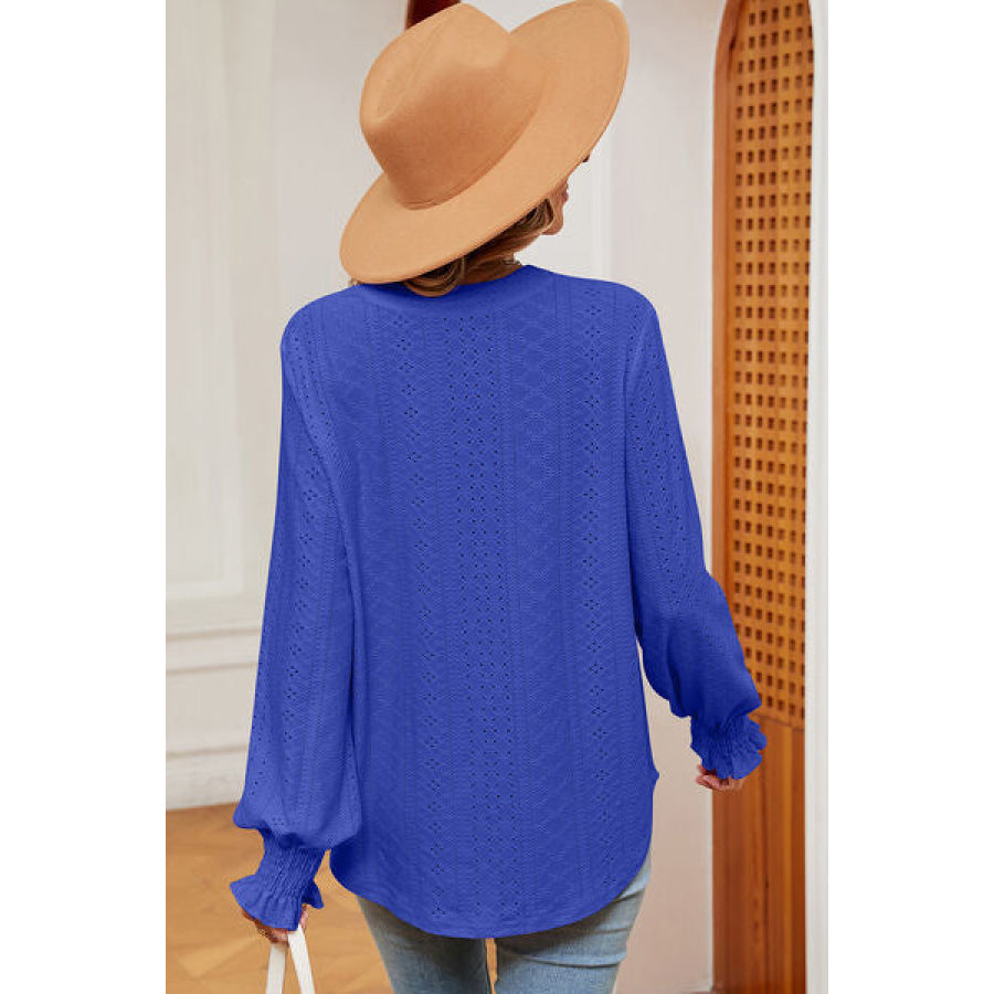 Eyelet Notched Long Sleeve T - Shirt Ultra marine / S Apparel and Accessories