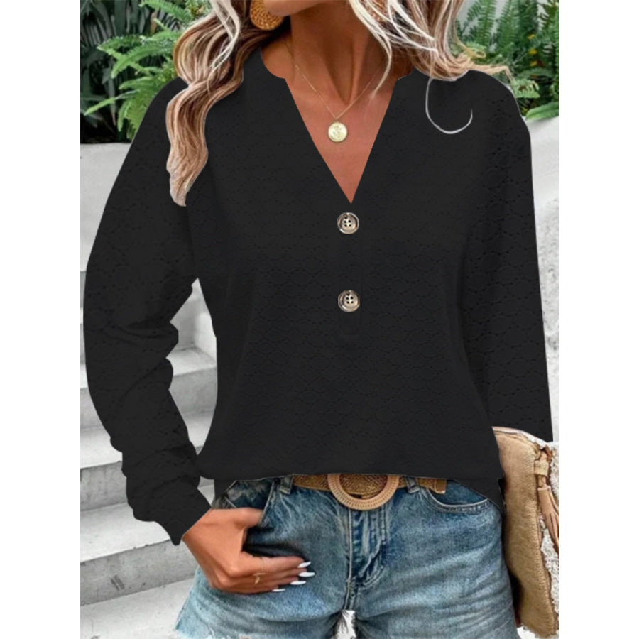 Eyelet Notched Long Sleeve T - Shirt Black / S Apparel and Accessories