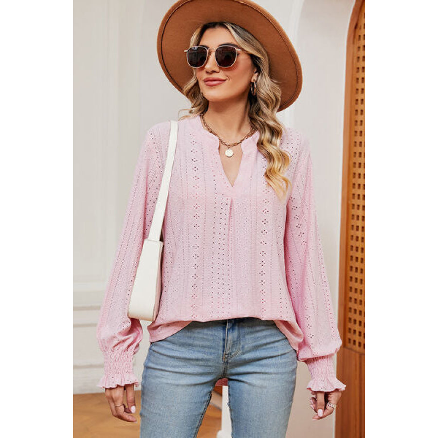 Eyelet Notched Long Sleeve T - Shirt Blush Pink / S Apparel and Accessories