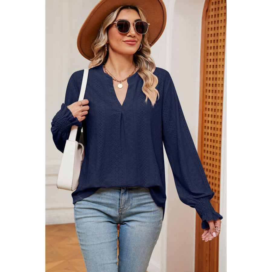 Eyelet Notched Long Sleeve T - Shirt Navy / S Apparel and Accessories