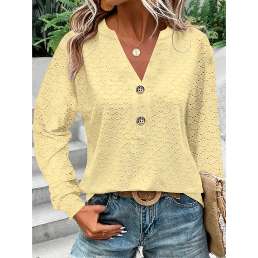 Eyelet Notched Long Sleeve T - Shirt True Yellow / S Apparel and Accessories