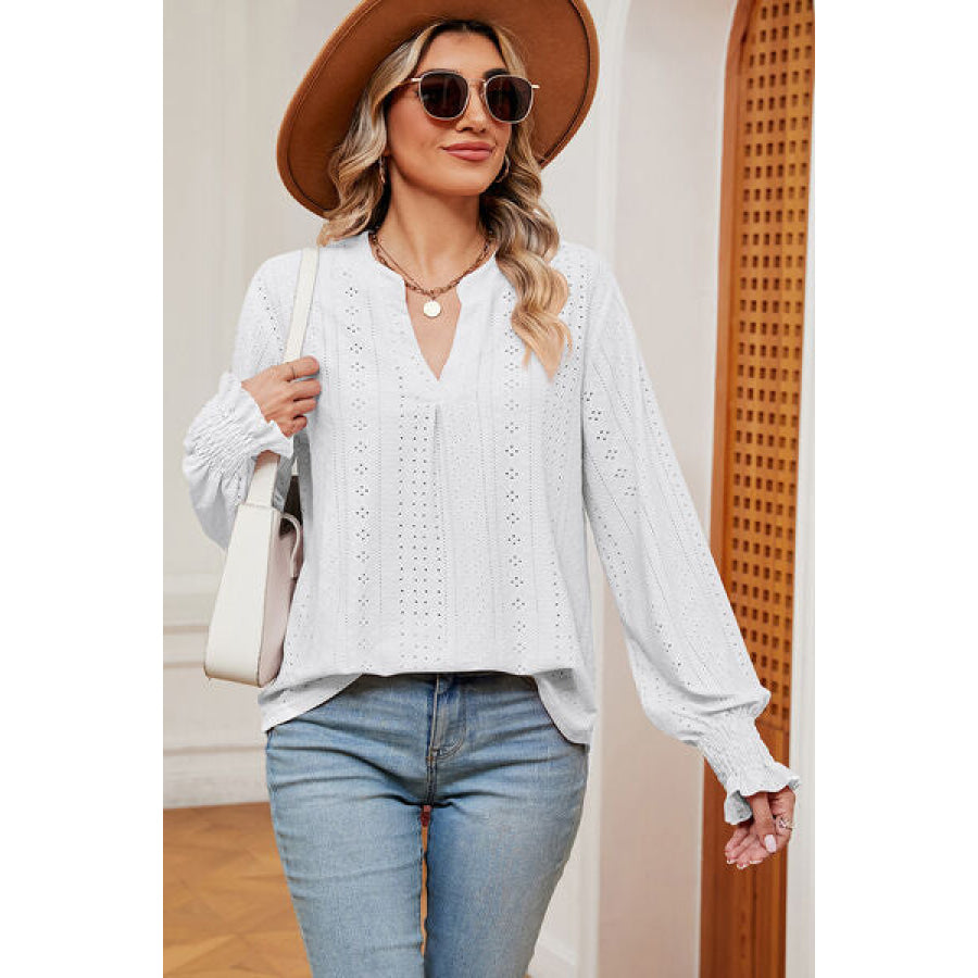 Eyelet Notched Long Sleeve T - Shirt White / S Apparel and Accessories