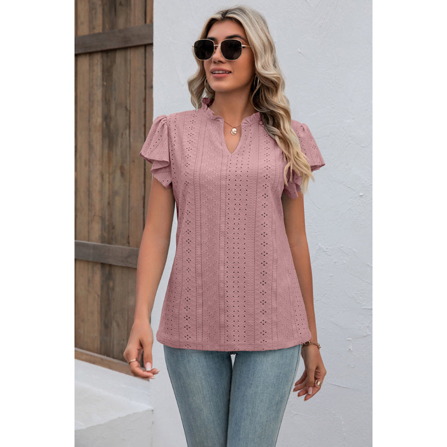 Eyelet Notched Neck Flutter Sleeve Top