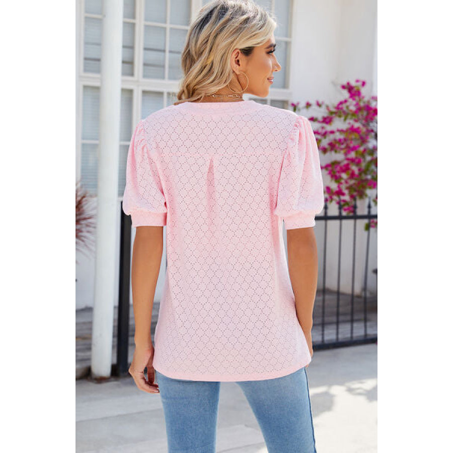 Eyelet Notched Puff Sleeve T - Shirt Apparel and Accessories