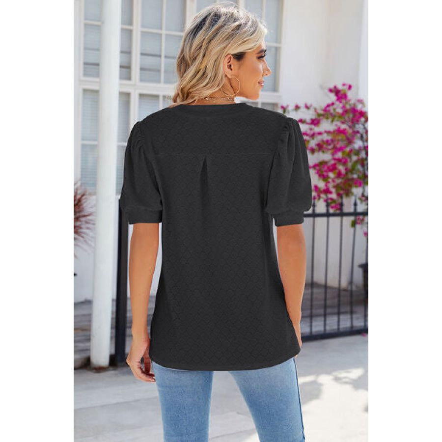 Eyelet Notched Puff Sleeve T - Shirt Apparel and Accessories