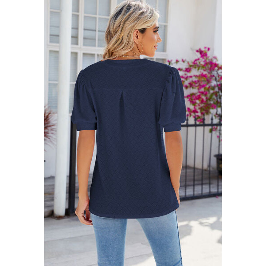 Eyelet Notched Puff Sleeve T - Shirt Apparel and Accessories