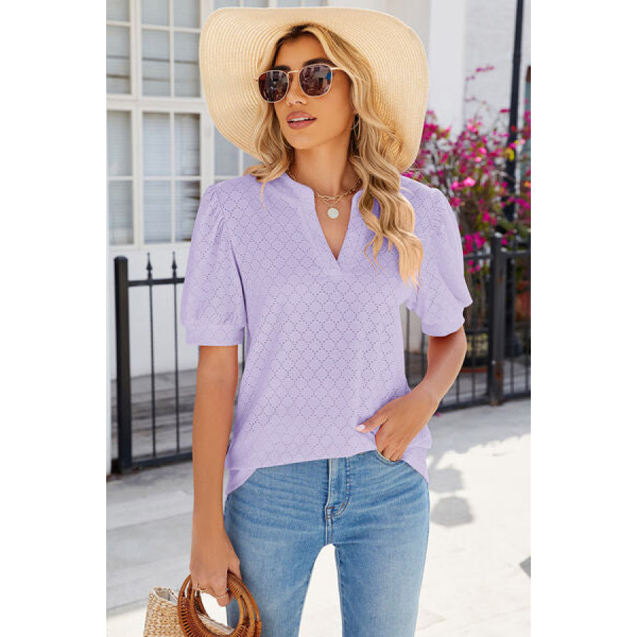 Eyelet Notched Puff Sleeve T - Shirt Apparel and Accessories