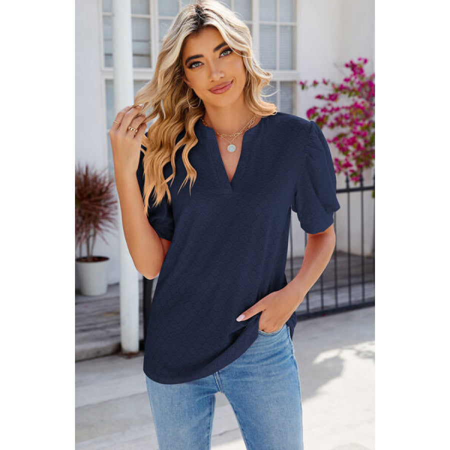 Eyelet Notched Puff Sleeve T - Shirt Apparel and Accessories