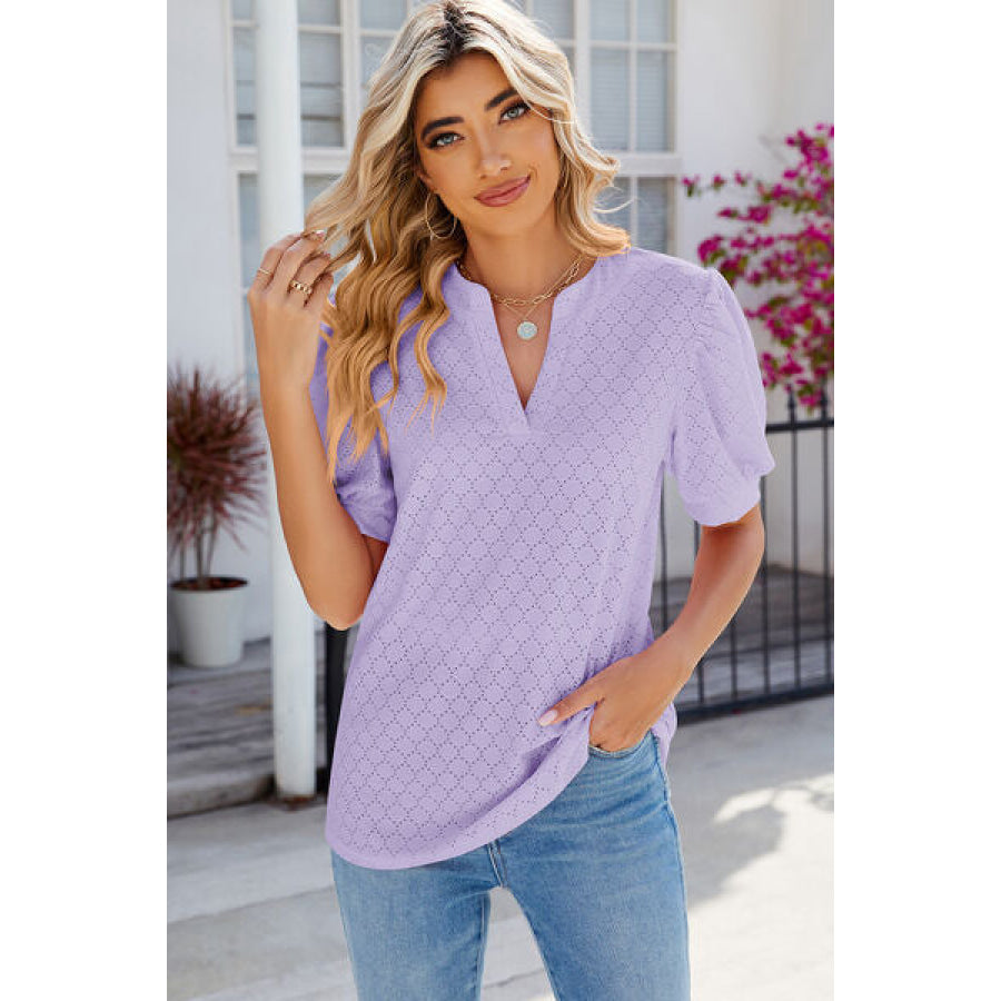 Eyelet Notched Puff Sleeve T - Shirt Apparel and Accessories