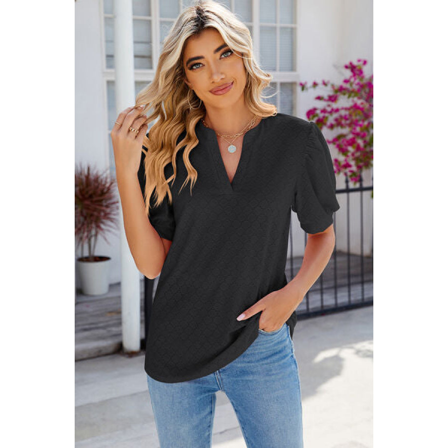 Eyelet Notched Puff Sleeve T - Shirt Apparel and Accessories