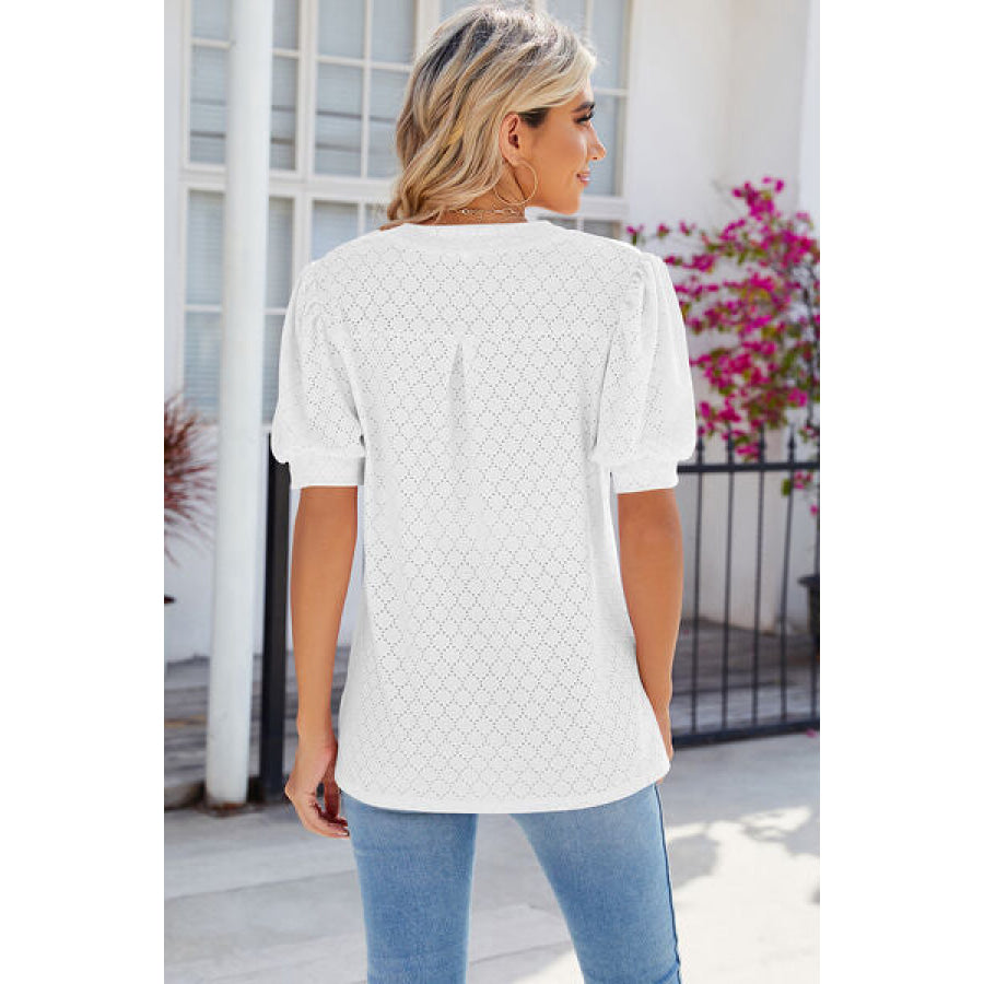 Eyelet Notched Puff Sleeve T - Shirt Apparel and Accessories