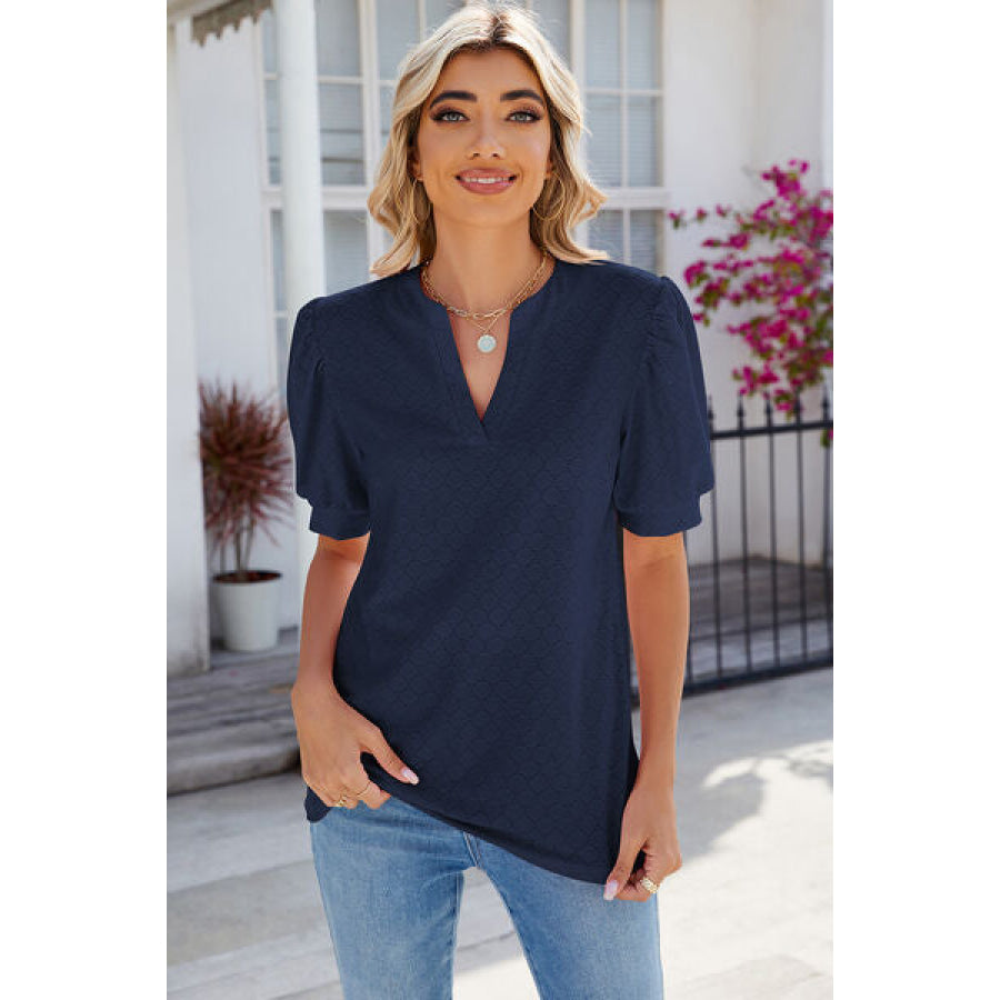 Eyelet Notched Puff Sleeve T - Shirt Apparel and Accessories