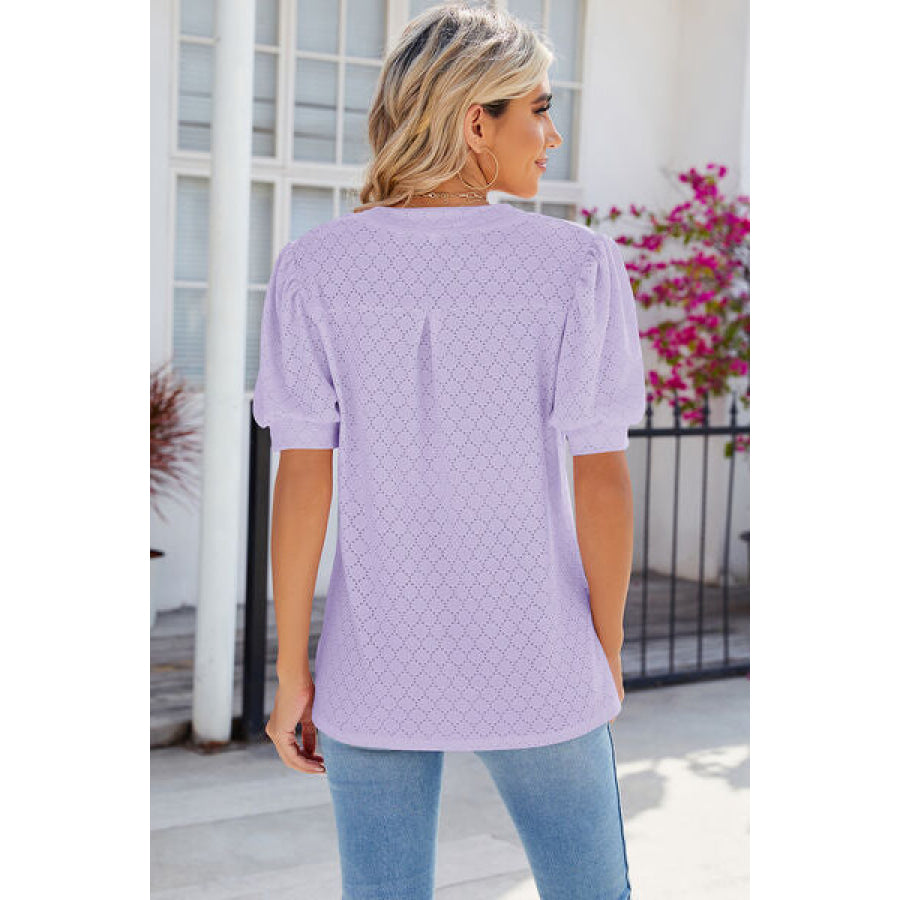 Eyelet Notched Puff Sleeve T - Shirt Apparel and Accessories