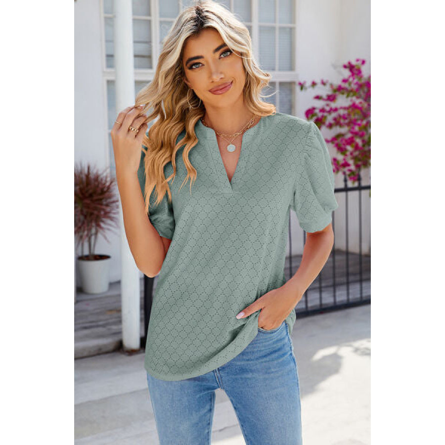 Eyelet Notched Puff Sleeve T - Shirt Apparel and Accessories