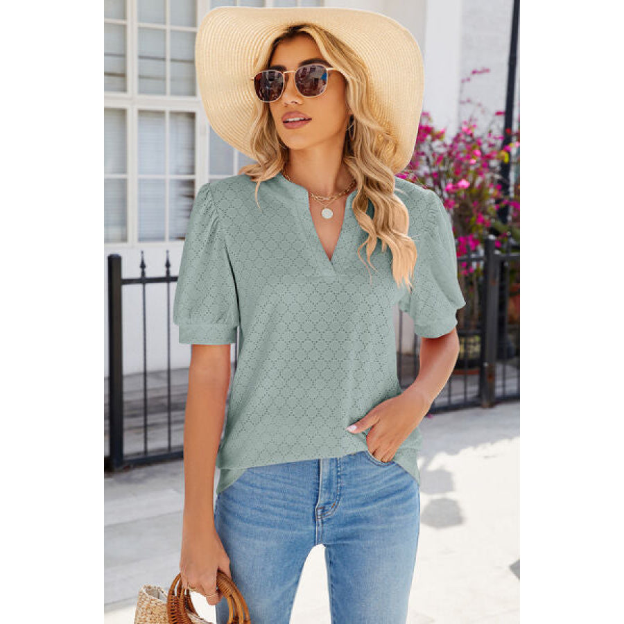 Eyelet Notched Puff Sleeve T - Shirt Apparel and Accessories
