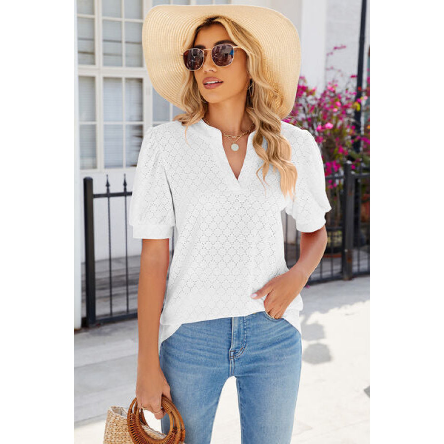 Eyelet Notched Puff Sleeve T - Shirt Apparel and Accessories