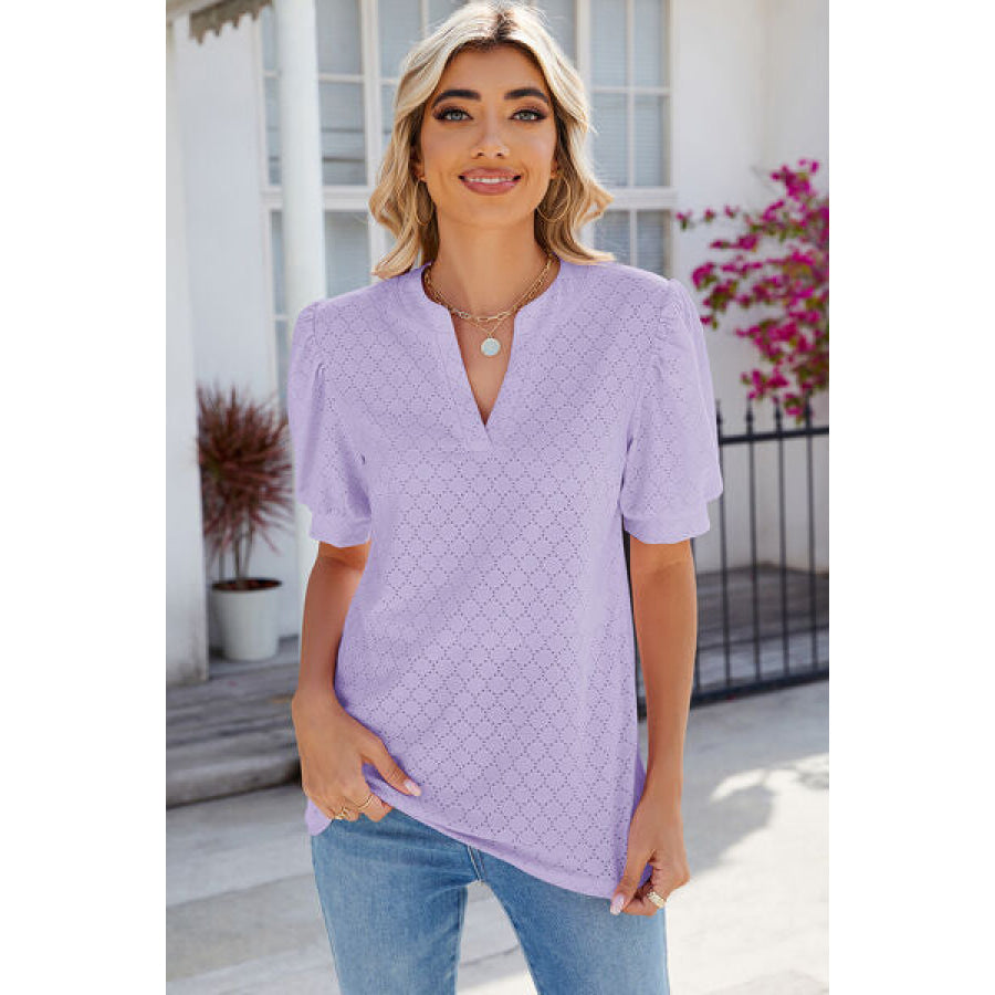 Eyelet Notched Puff Sleeve T - Shirt Lavender / S Apparel and Accessories