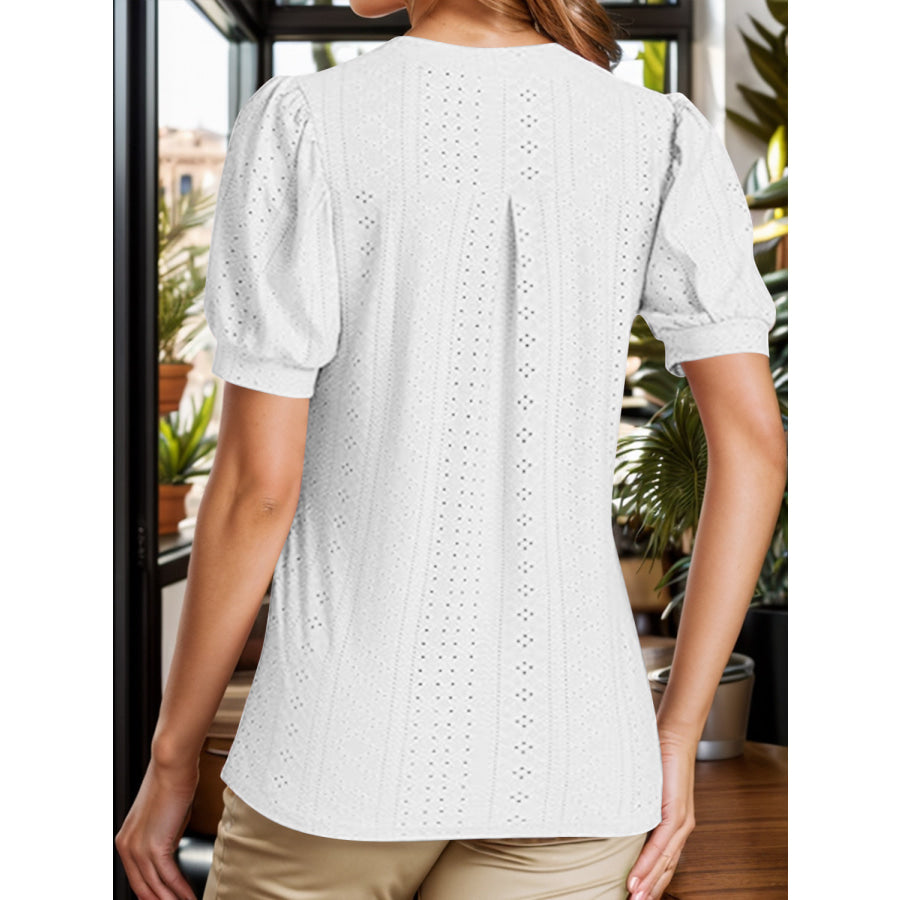 Eyelet Notched Short Sleeve Blouse Apparel and Accessories