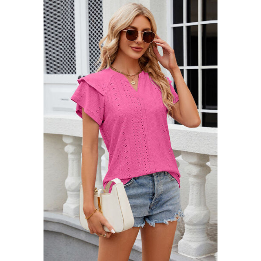 Eyelet Notched Short Sleeve T - Shirt Apparel and Accessories