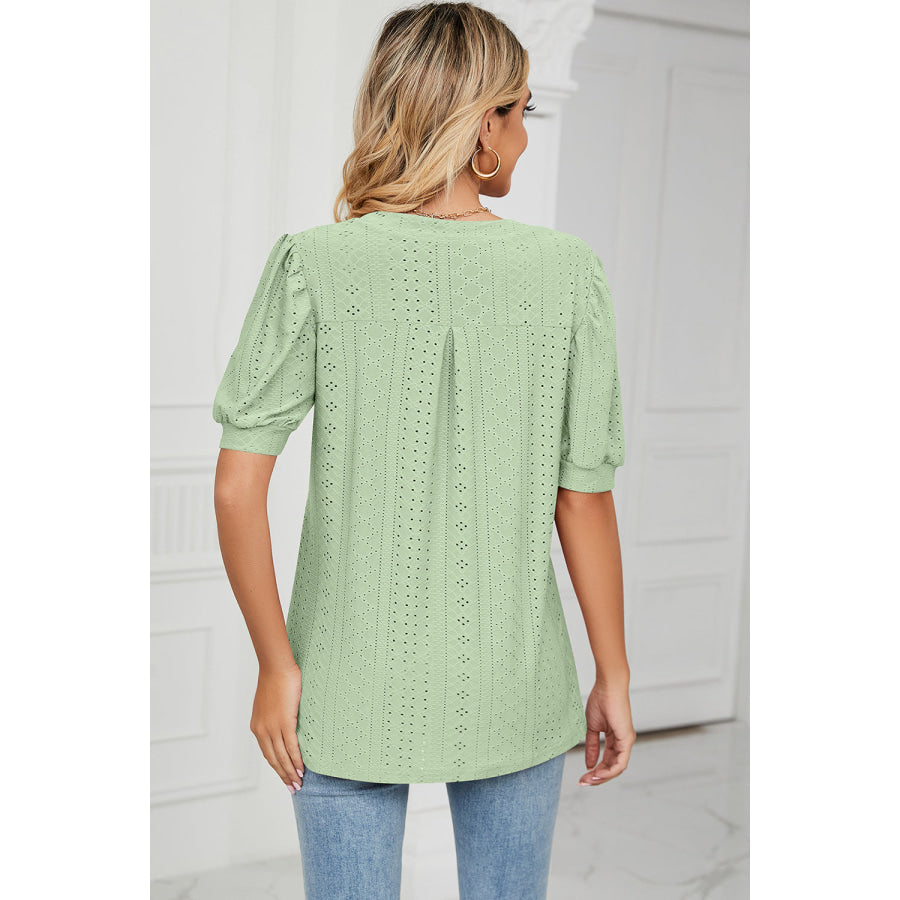 Eyelet Notched Short Sleeve T - Shirt Apparel and Accessories