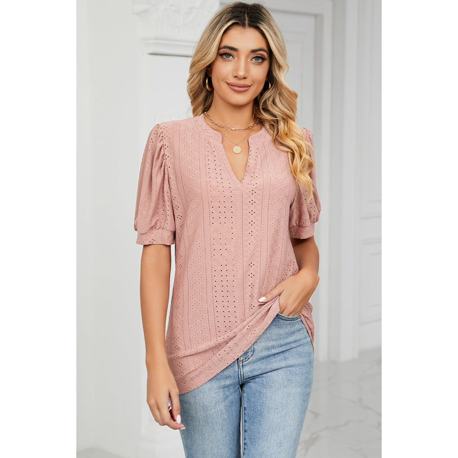 Eyelet Notched Short Sleeve T - Shirt Apparel and Accessories