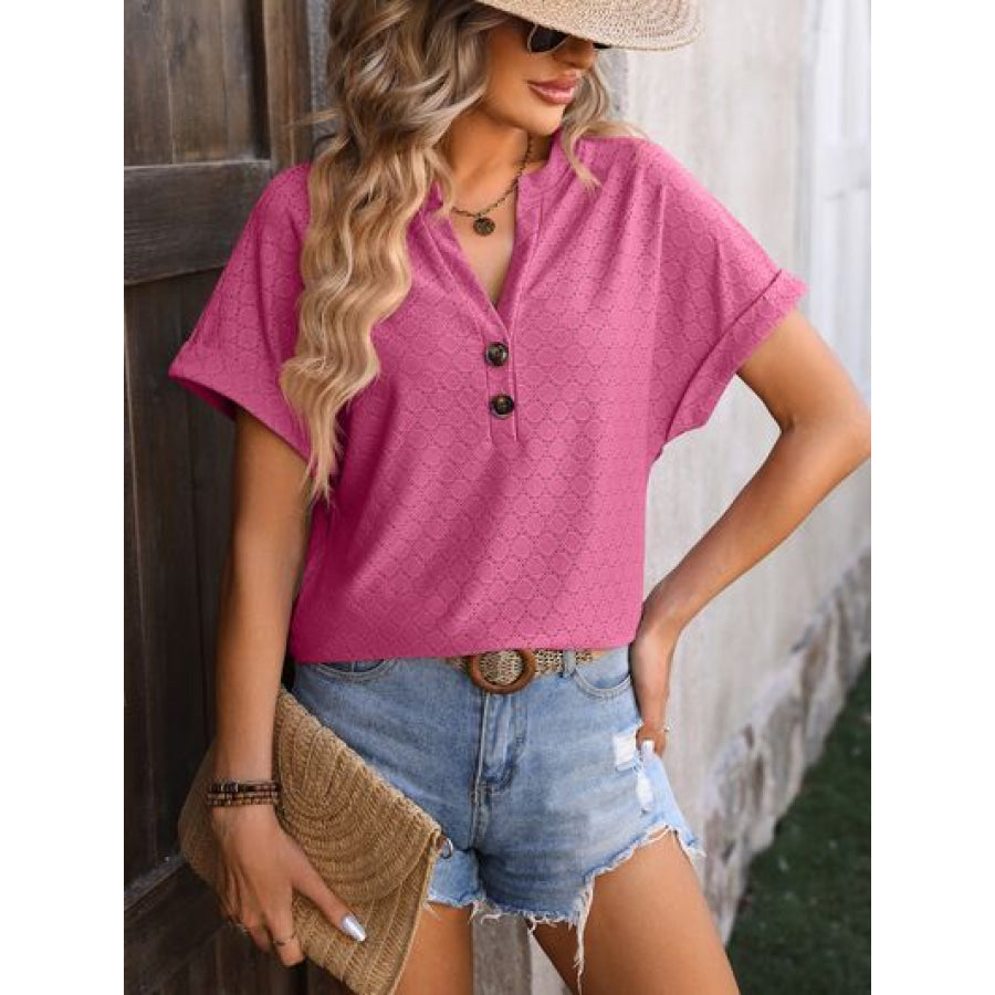 Eyelet Notched Short Sleeve T-Shirt Apparel and Accessories
