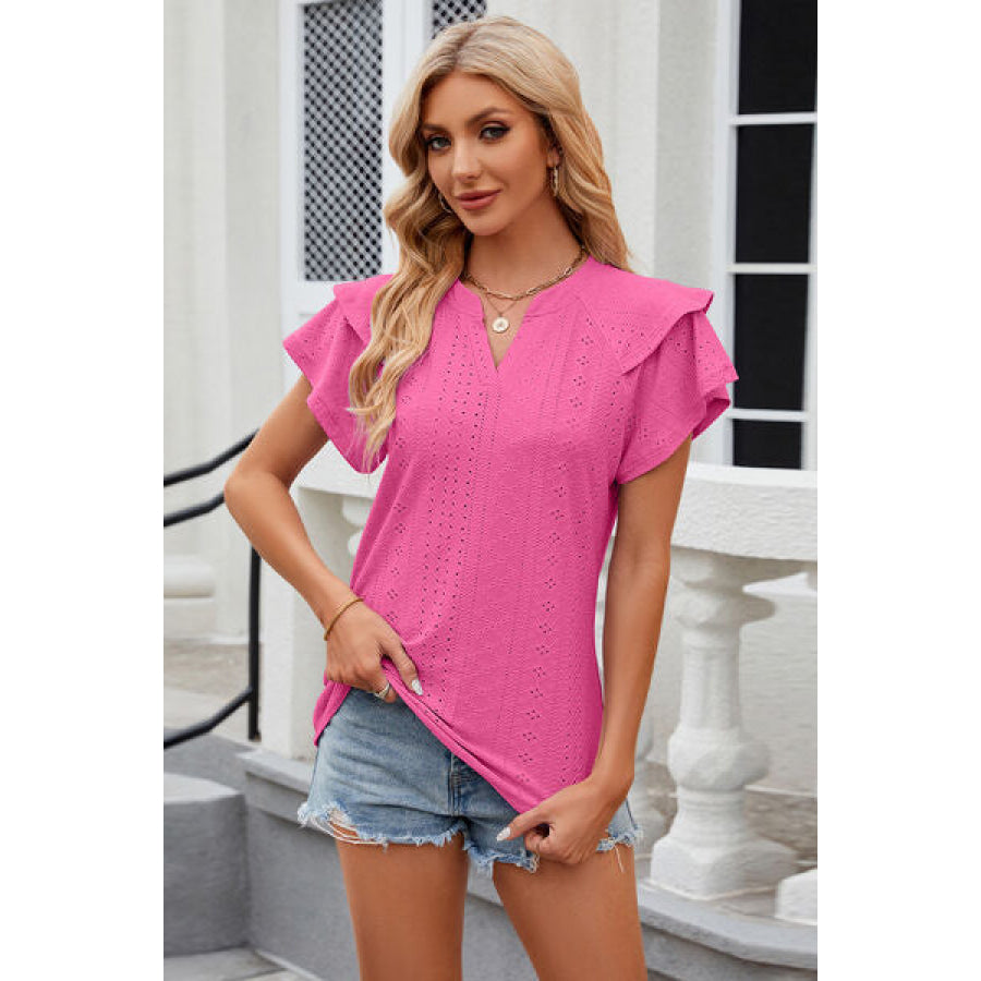 Eyelet Notched Short Sleeve T - Shirt Apparel and Accessories