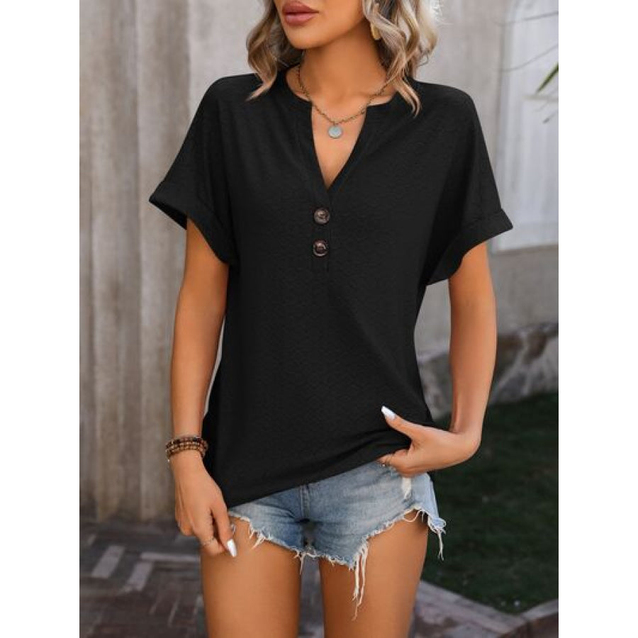 Eyelet Notched Short Sleeve T-Shirt Apparel and Accessories