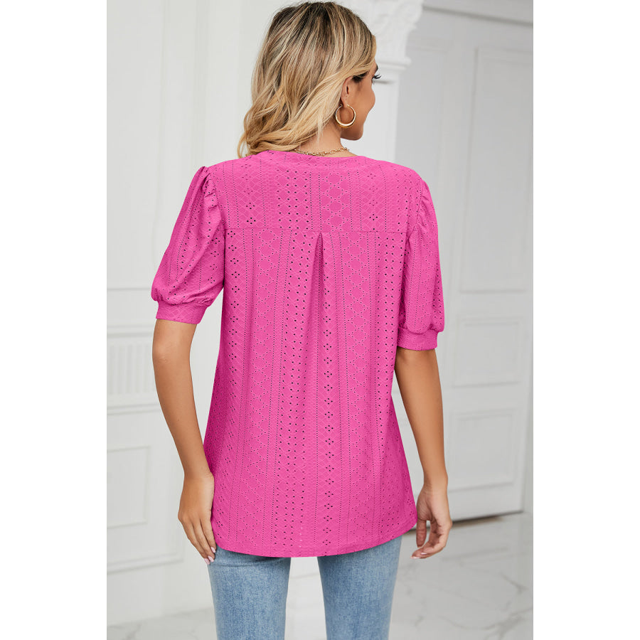 Eyelet Notched Short Sleeve T - Shirt Apparel and Accessories