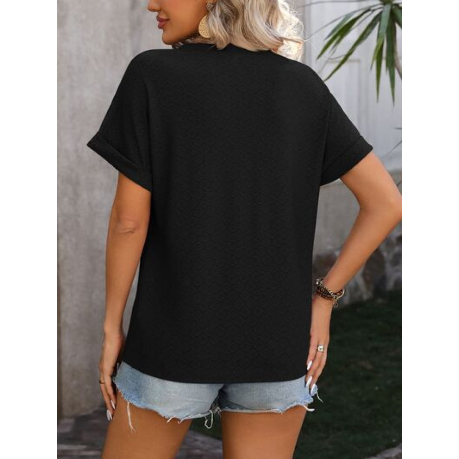 Eyelet Notched Short Sleeve T-Shirt Apparel and Accessories