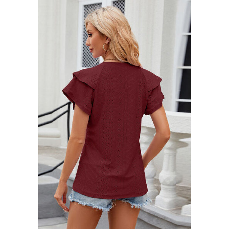Eyelet Notched Short Sleeve T - Shirt Apparel and Accessories