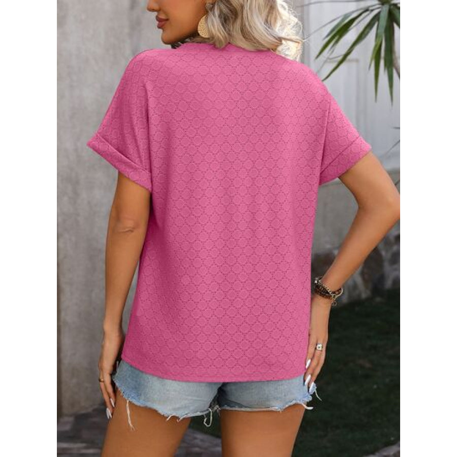 Eyelet Notched Short Sleeve T-Shirt Apparel and Accessories