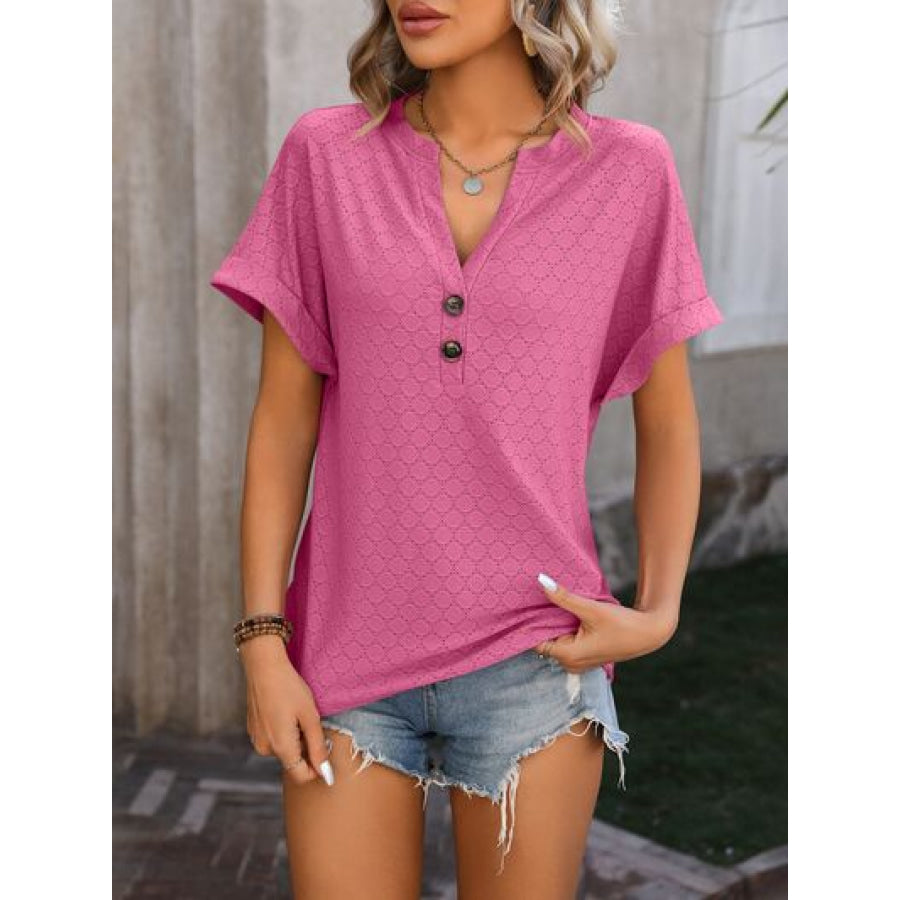Eyelet Notched Short Sleeve T-Shirt Apparel and Accessories