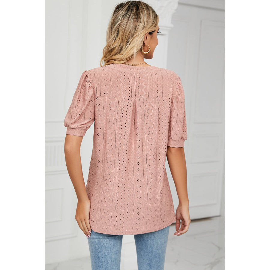 Eyelet Notched Short Sleeve T - Shirt Apparel and Accessories