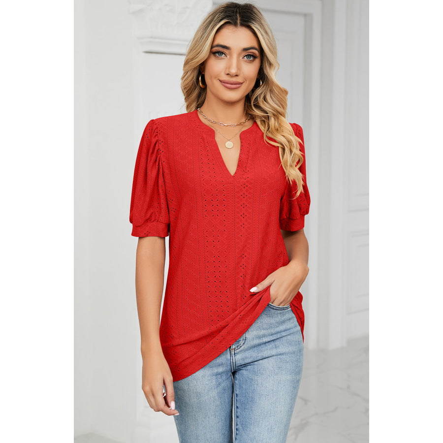 Eyelet Notched Short Sleeve T - Shirt Apparel and Accessories