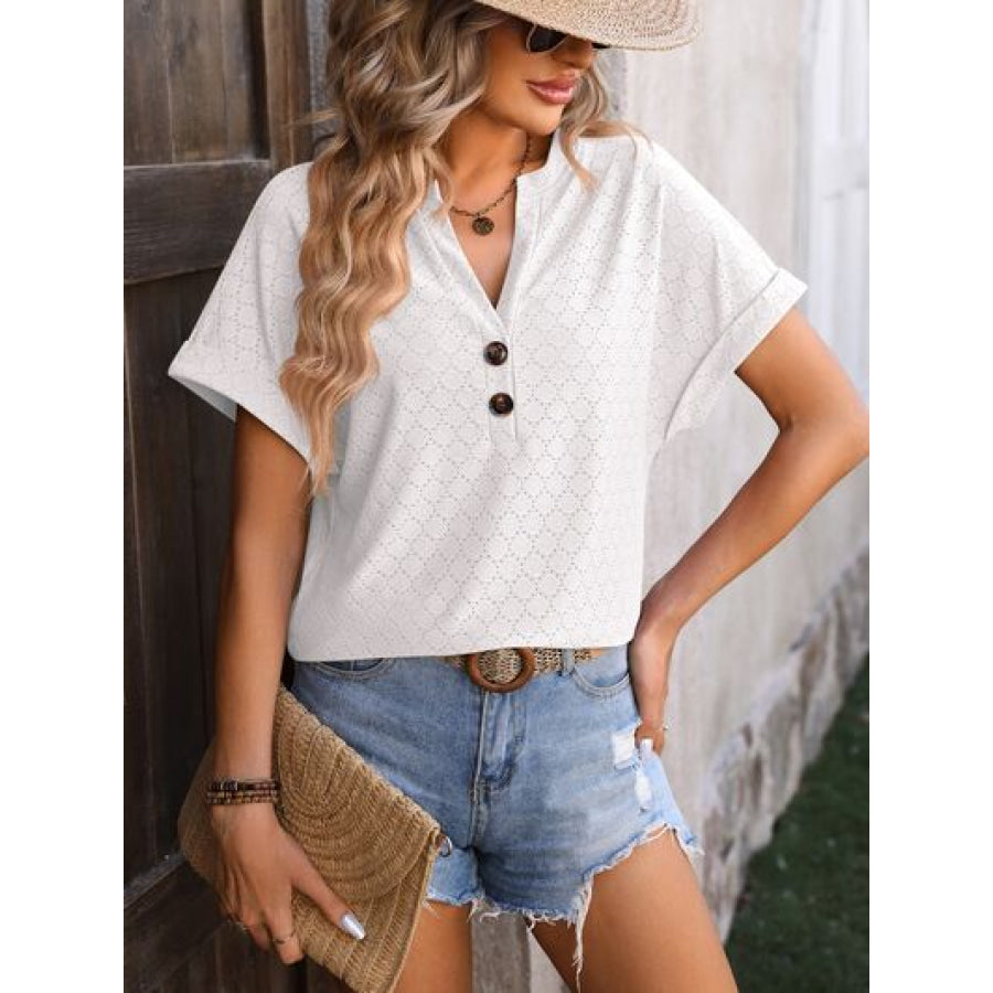 Eyelet Notched Short Sleeve T-Shirt Apparel and Accessories