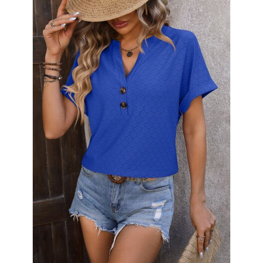 Eyelet Notched Short Sleeve T-Shirt Apparel and Accessories