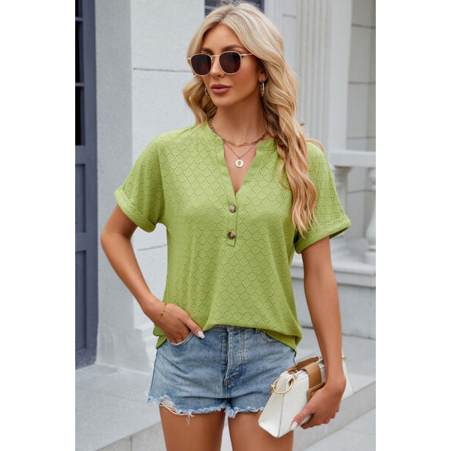 Eyelet Notched Short Sleeve T - Shirt Apparel and Accessories
