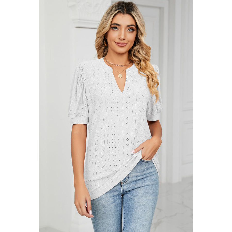 Eyelet Notched Short Sleeve T - Shirt Apparel and Accessories