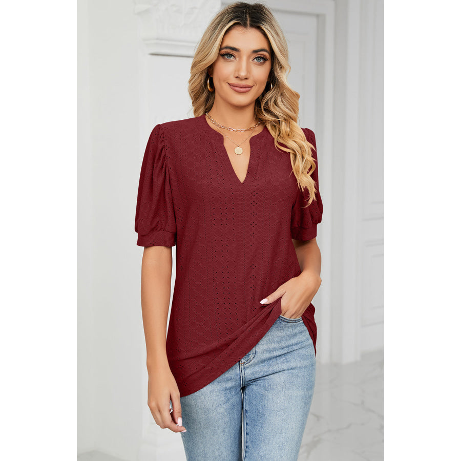 Eyelet Notched Short Sleeve T - Shirt Apparel and Accessories