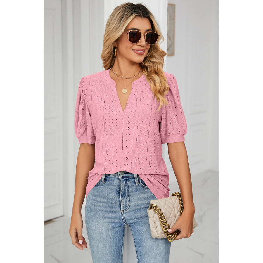 Eyelet Notched Short Sleeve T - Shirt Apparel and Accessories