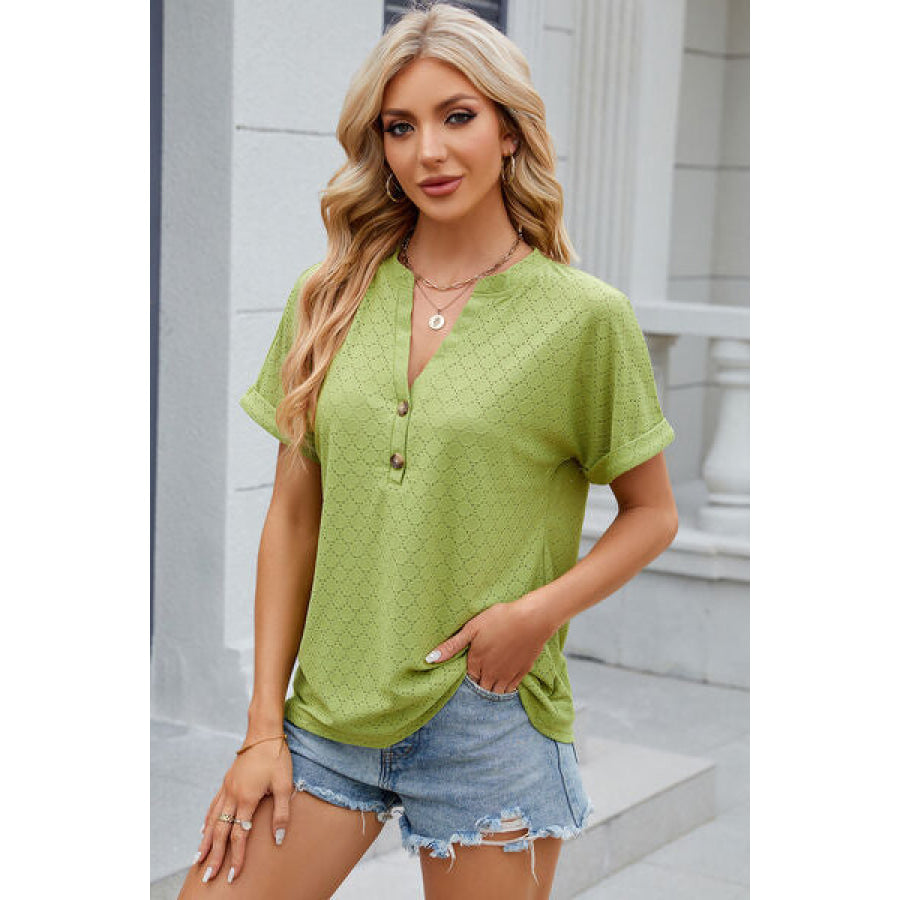 Eyelet Notched Short Sleeve T - Shirt Apparel and Accessories
