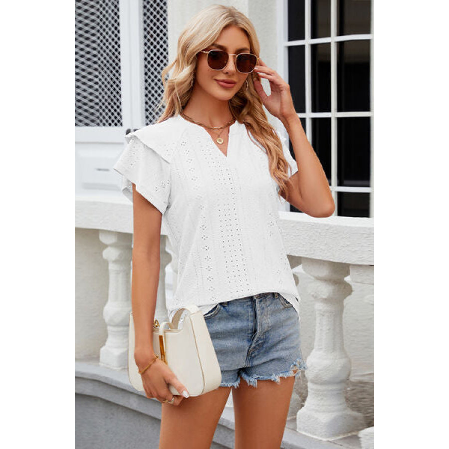 Eyelet Notched Short Sleeve T - Shirt Apparel and Accessories