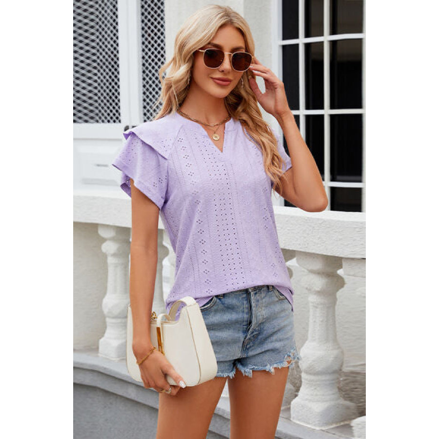 Eyelet Notched Short Sleeve T - Shirt Apparel and Accessories