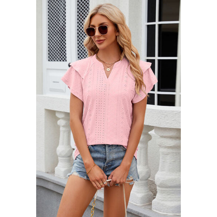 Eyelet Notched Short Sleeve T - Shirt Apparel and Accessories