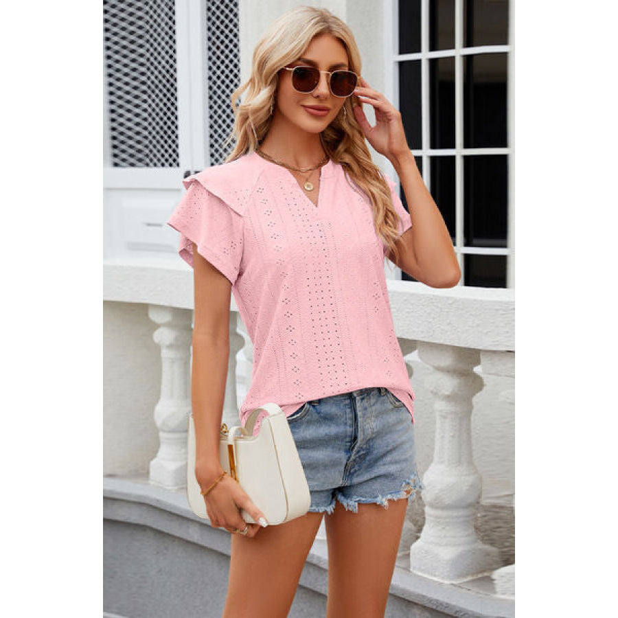 Eyelet Notched Short Sleeve T - Shirt Apparel and Accessories